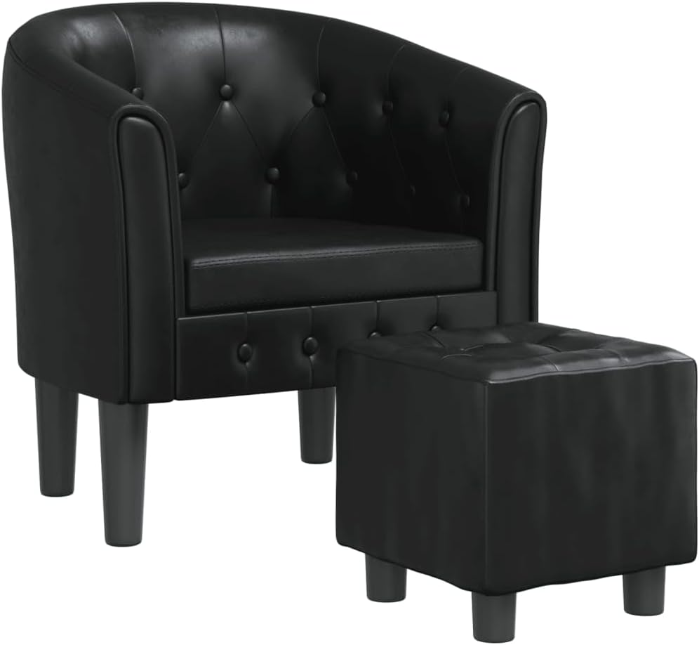 vidaXL Modern Tub Chair with Footstool in Elegant Black Faux Leather - Comfort Enhanced with Padded Seat and Backrest for Living Room, Bedroom, or Office