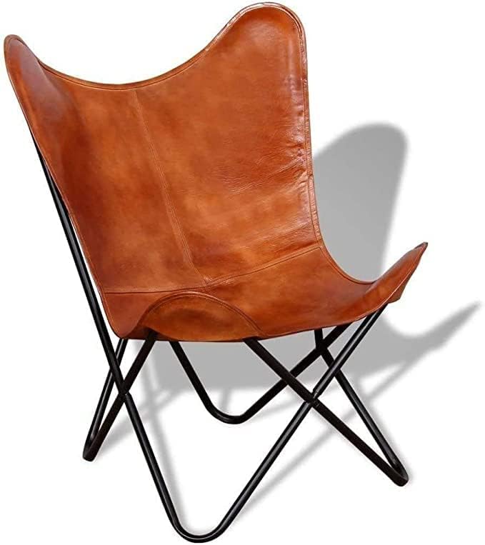 Leather Living Room Chairs-Butterfly Brown Leather Chair-Handmade with Powder Coated Folding Iron Frame