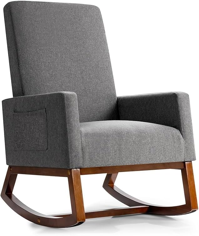 MEDIMALL Comfortable Rocking Chair,Modern Fabric Armchair w/Wood Base, Side Pocket,Linen Padded Seat, Suitable for Living Room, Bedroom, Nursery (Grey)