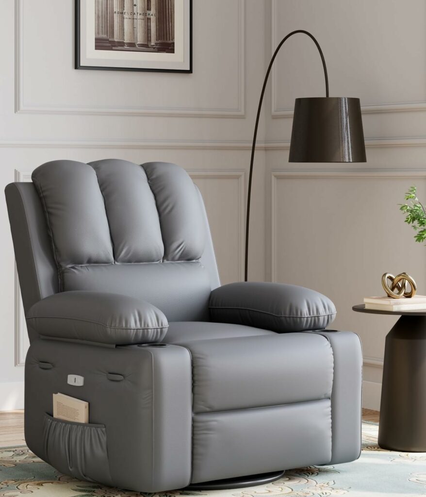 Power Recliner Chair for Adults with Massage and Heat, Swivel Oversized Leather Recliner Chair with USB Ports & Side Pockets for Living Room (27" Large-Seat Width,Gray)