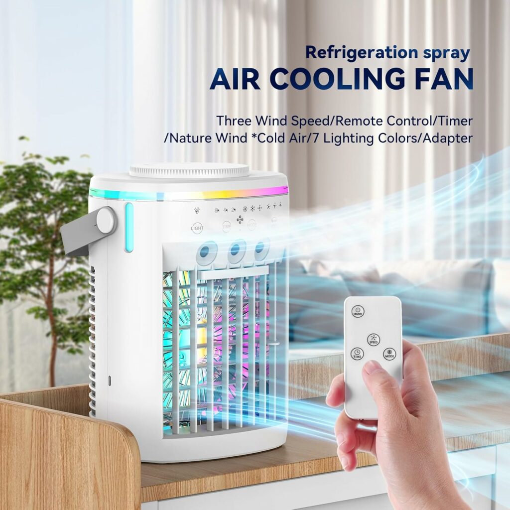 Portable Air Conditioner, Evaporative Air Cooler, 2-4-8H Timer Auto-Off &Remote, Water Tank, Three ultrasonic nozzles, 3-Speed Personal Air Conditioner Cooling Fan