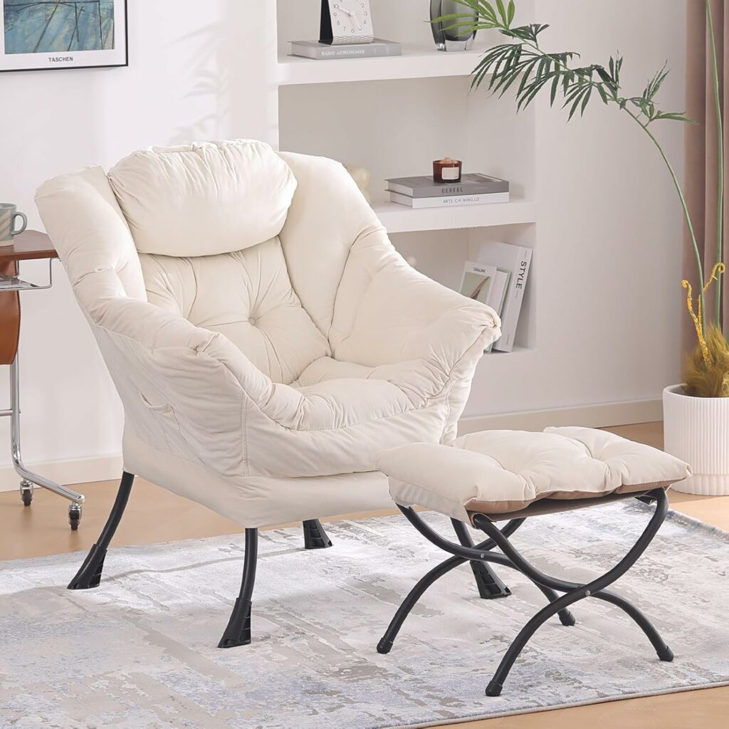 Tiita Lazy Chair with Ottoman, Modern Large Accent Lounge Armchair, Comfy Leisure Sofa Reading Chair with Footrest for Bedroom, Living Room, Dorm Rooms, Garden and Courtyard, Velvet Beige
