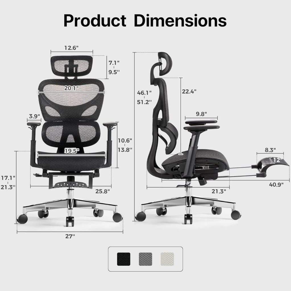 Huuger Mesh Office Chair with Footrest, Ergonomic Desk Chair with Lumbar Support, Comfortable, Multi-tilt Angle Backrest, Headrest and 3D Armrest, Large Steel Base, Black<br>