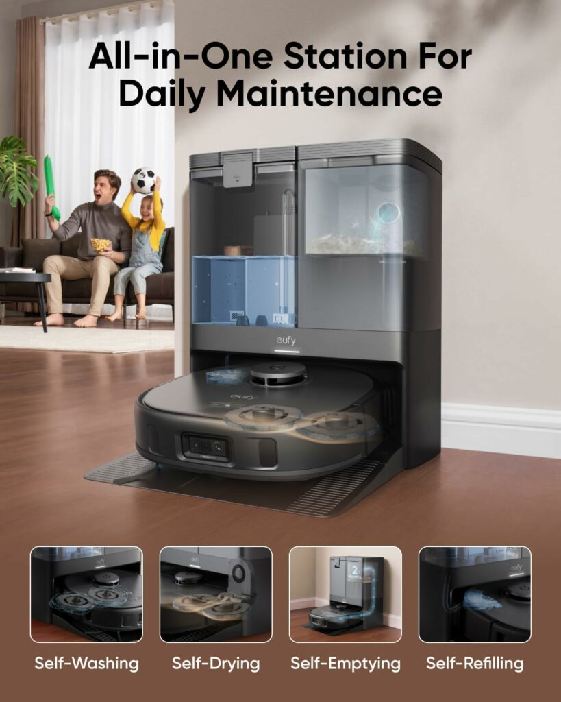 eufy X10 Pro Omni Robot Vacuums and Mop Combo, 8,000 Pa Suction, Dual Mops with 12 mm Auto-Lift and Carpet Detection, AI Obstacle Avoidance, Auto Mop Washing, Auto Drying, Self-Emptying, Self-Refilling
