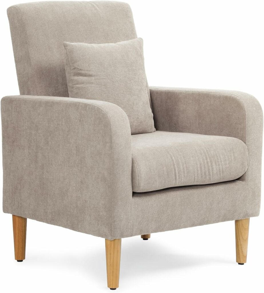 Athena Collection Modern Accent Chair with Cushion, Comfy Upholstered Fabric Reading Chair for Adult, Soft Sofa Armchair for Living Room, Bedroom, Dorm, Beige