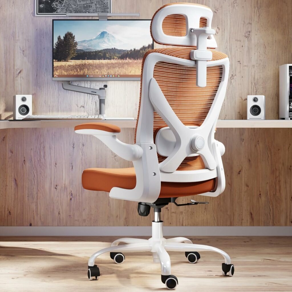 Ergonomic Office Chair - X-Shaped Computer Desk Chair Comfy, Gaming Chair, Office Chair with Lumbar Support, Mesh Office Chairs with Headrests, Desk Chair for Long Hours(White-Orange)
