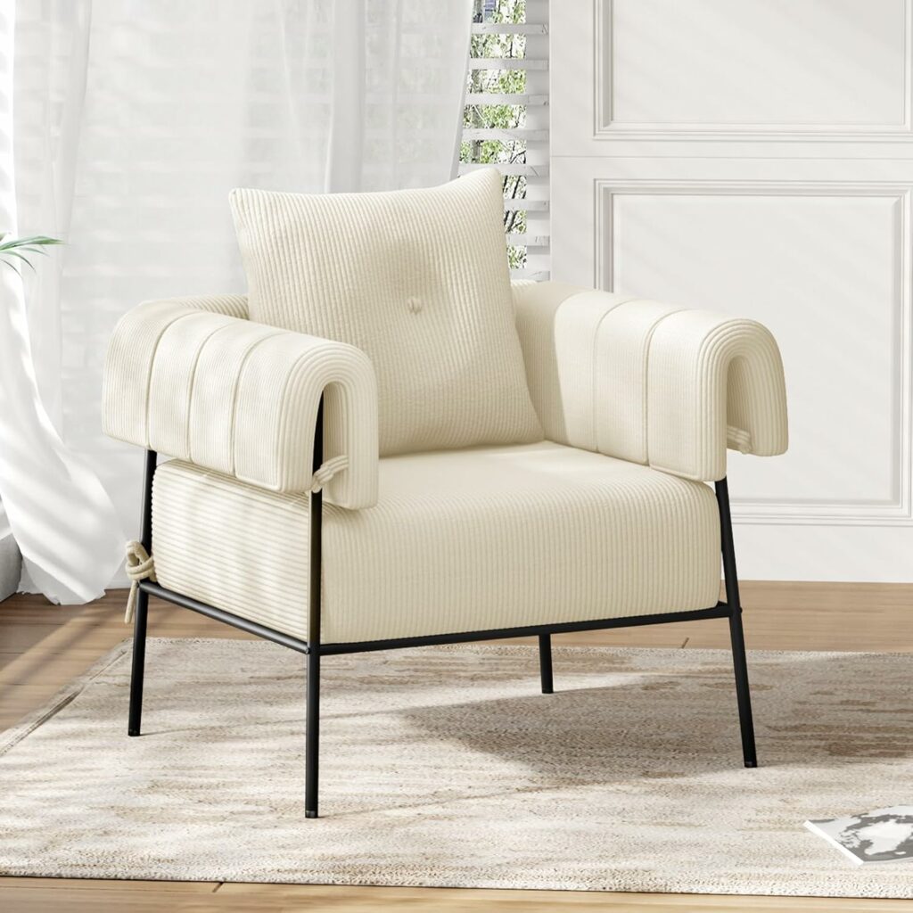 Furniliving Modern Accent Chair Comfy Chairs with Pillow Lounge Chair Reading Chair for Living Room Upholstered Bedroom Arm Chair with Metal Frame, Armchair, Soft Cushion, Corduroy, Beige