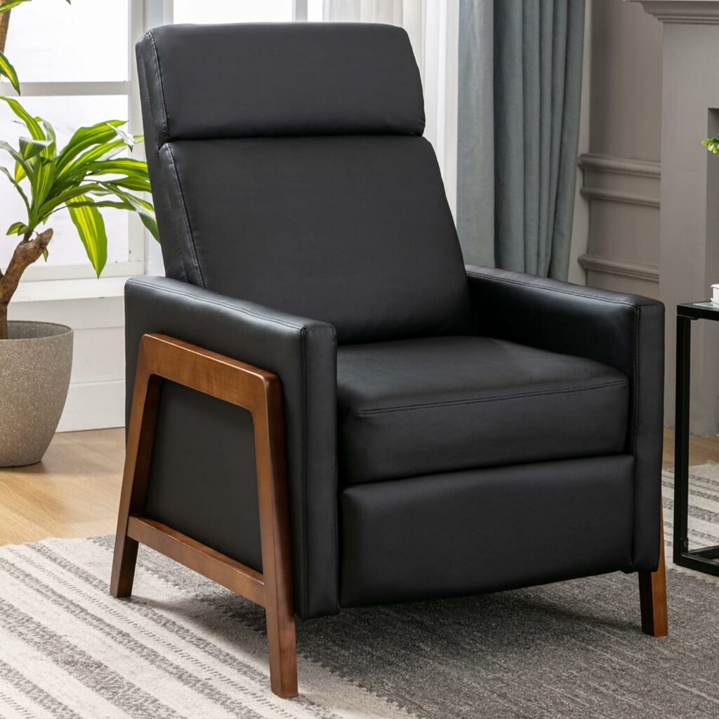 Wood-Framed PU Leather Recliner Chair Adjustable Home Theater Seating with Thick Seat Cushion and Backrest Modern Living Room Recliners,Black
