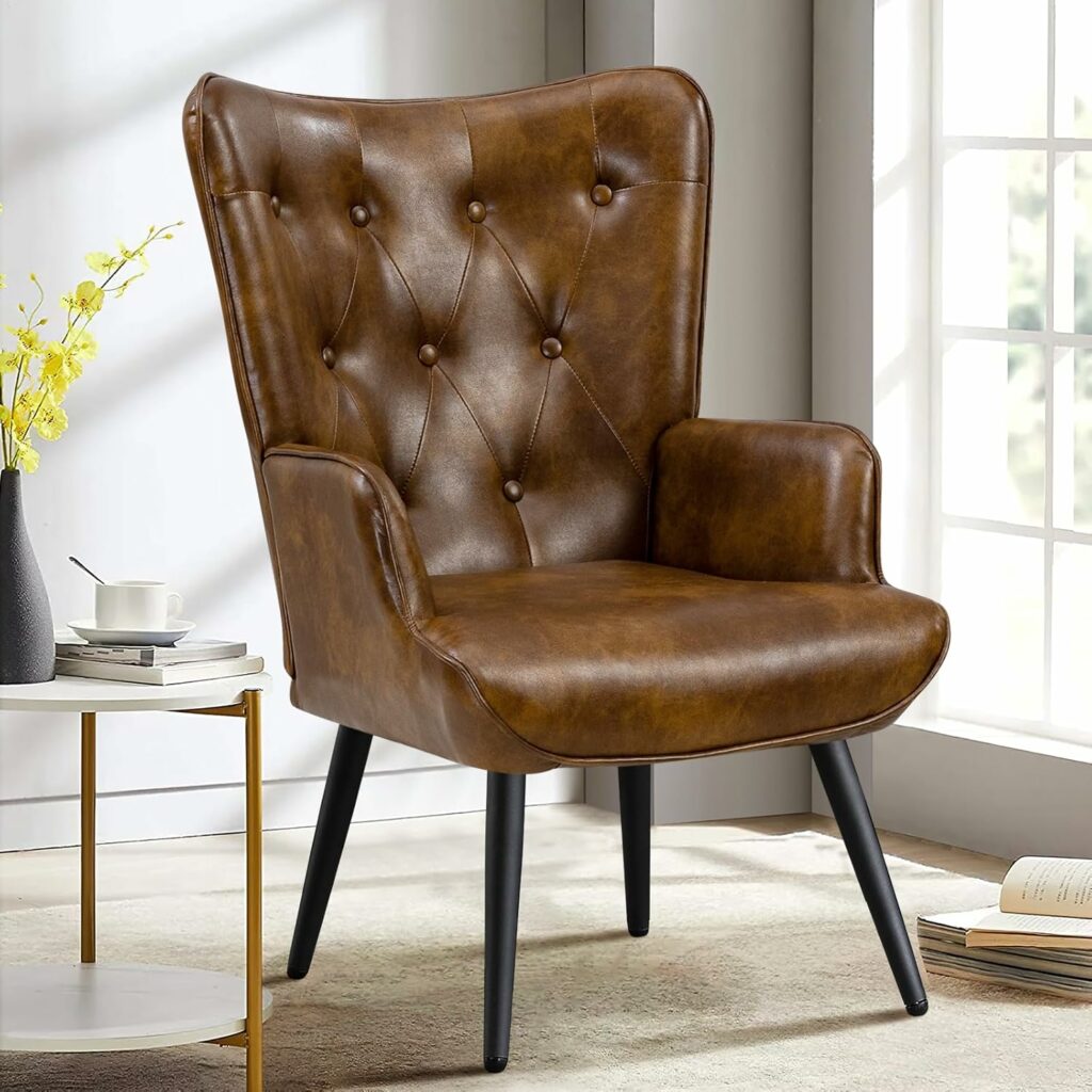 Furniliving Upholstered Living Room Chair – Tufted Button Design (Yellow Brown)