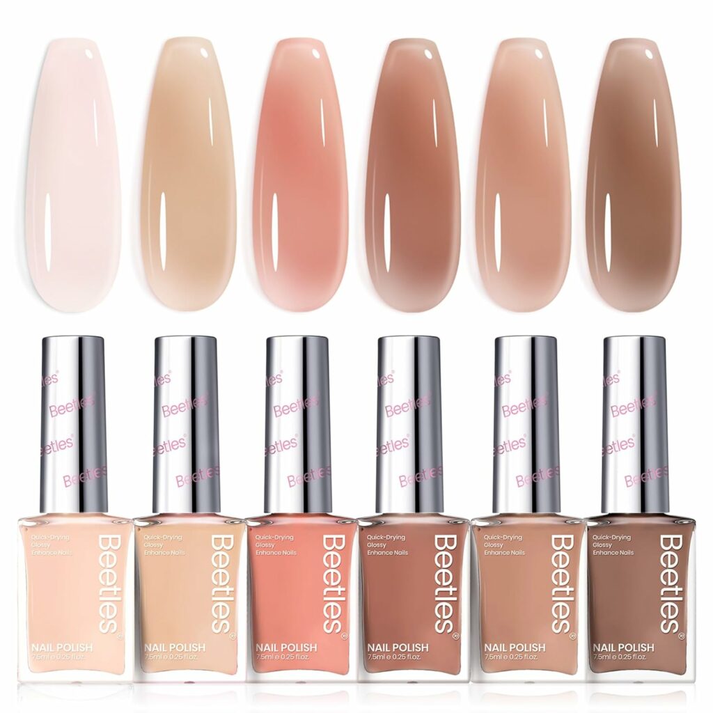 Bettles Jelly Nail Polish Set - 6 Colors Summer Quick Dry Nail Polish Kit Sheer Nude Pink Brown Nail Lacquer Regular Neutral Colors Nail Lacquer DIY Manicure Art Salon Gift for Women Girl