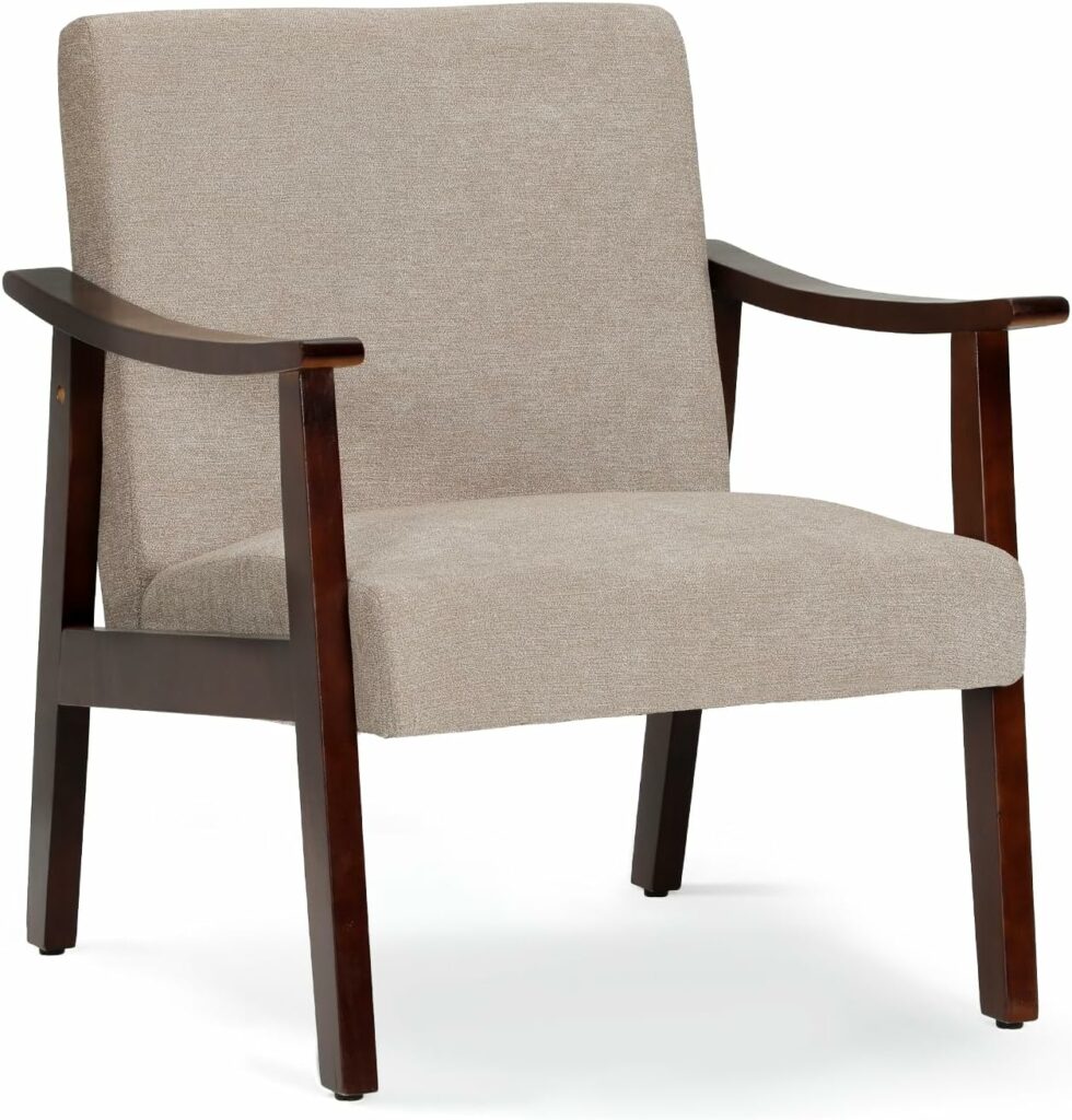 Athena Collection Mid Century Modern Accent Chairs, Linen Fabric Reading Arm Chairs for Adults with Wooden Armrest and Legs, Comfy Upholstered Armchairs for Living Room, Bedroom, Office, Beige
