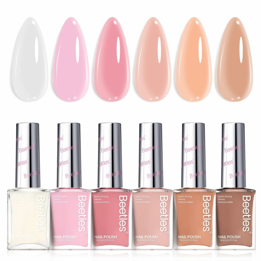 Beetles Jelly Nail Polish Set,6 Colors Pink Nude Jelly Quick Dry Nail Polish Fingernail Fast Drying & Long Lasting Nail Strengthener Polish Gifts for Women