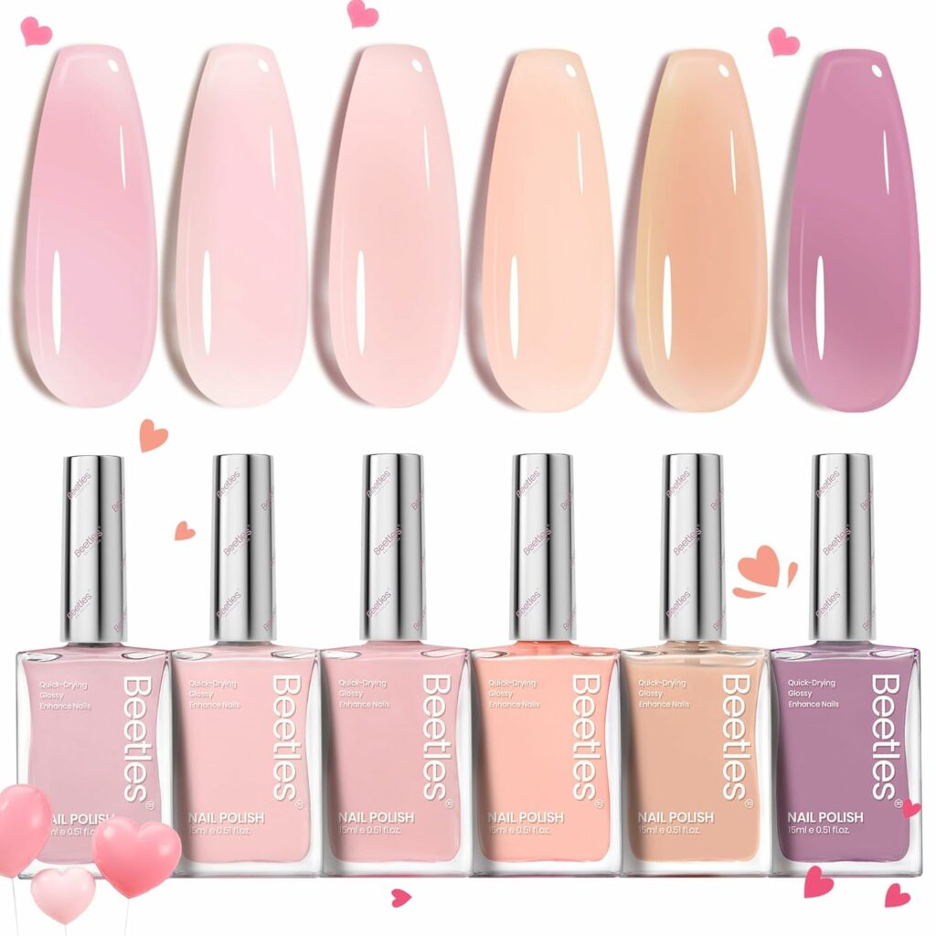 Beetles Jelly Nail Polish Set, 6 Colors Pink Nude Purple Velvet Glow Quick Dry Nail Polish Long Lasting Nail Strengthener Polish Gift for Girls Women