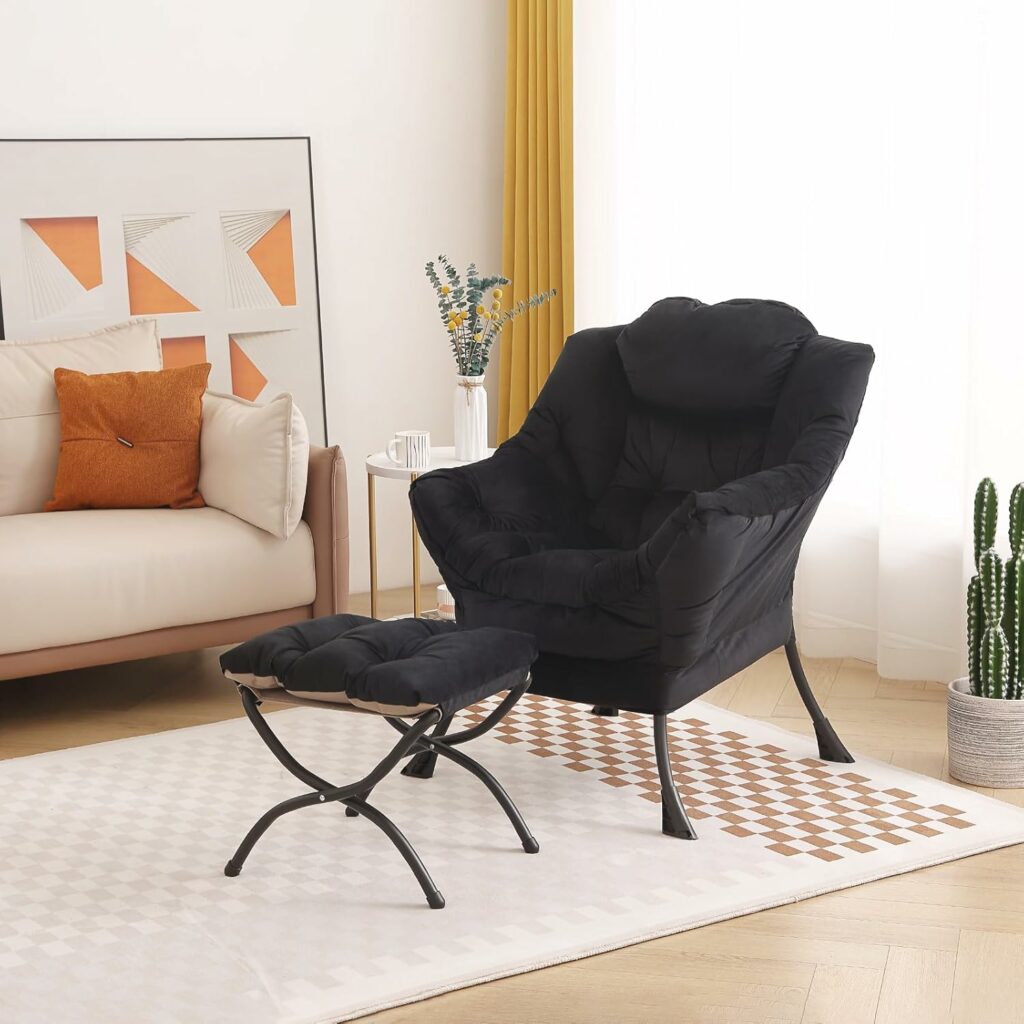 Tiita Lazy Chair with Ottoman, Modern Large Accent Lounge Armchair, Comfy Leisure Sofa Reading Chair with Footrest for Bedroom, Living Room, Dorm Rooms, Garden and Courtyard, Velvet Black