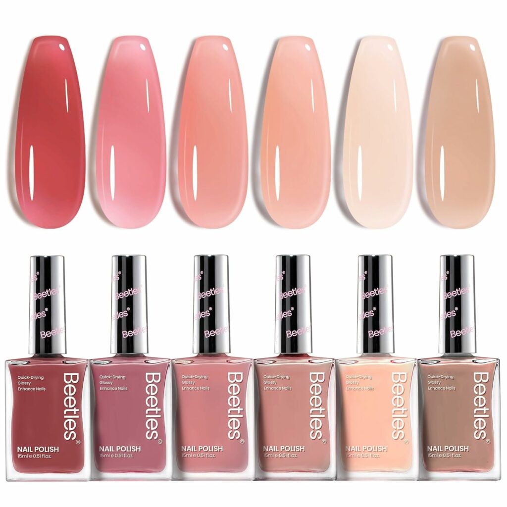 Beetles Jelly Nail Polish Set P186,6 Colors Burgundy Pink Nude Quick Dry Nail Polish Fingernail Fast Drying & Long Lasting Nail Strengthener Polish