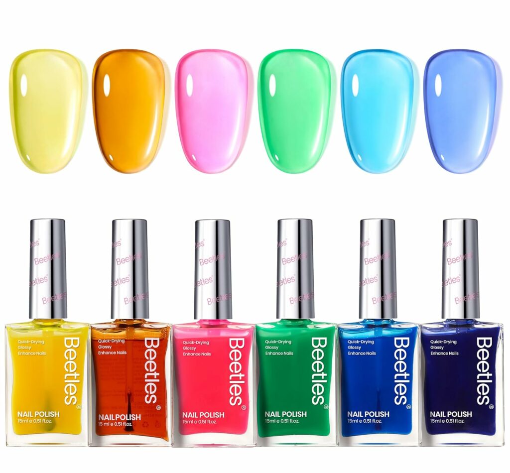 Beetles Neon Nail polish Set, 6 Jelly Colors Bright Rainbow Nail Polish Kit Quick Dry Summer Finger Nail Polish Glossy Shine Nail Lacquer Polish Long Lasting Syrup Nails Nail Polish Gifts for Women