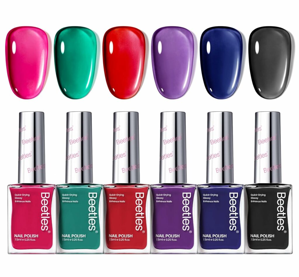 Beetles Nail Polish Set, 6 Colors Jelly Nail Polish Kit Pink Red Black Blue Green Purple Sheer Jelly Quick Dry Fingernail Polish Syrup Nails Enchanted Night Gifts for Women Salon DIY Manicure Kit