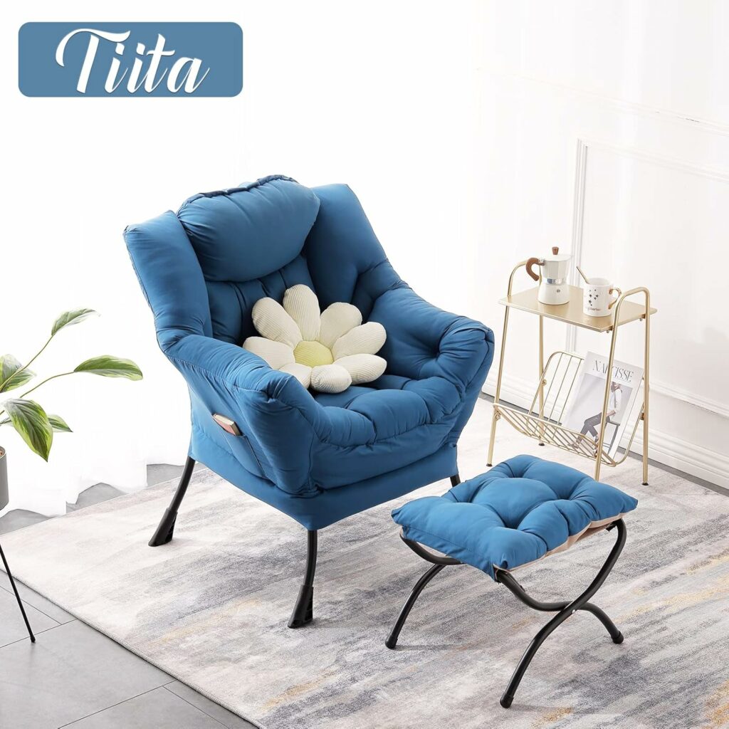 Tiita Lazy Chair with Ottoman, Modern Large Accent Lounge Armchair, Comfy Leisure Sofa Reading Chair with Footrest for Bedroom, Living Room, Dorm Rooms, Garden and Courtyard, Blue