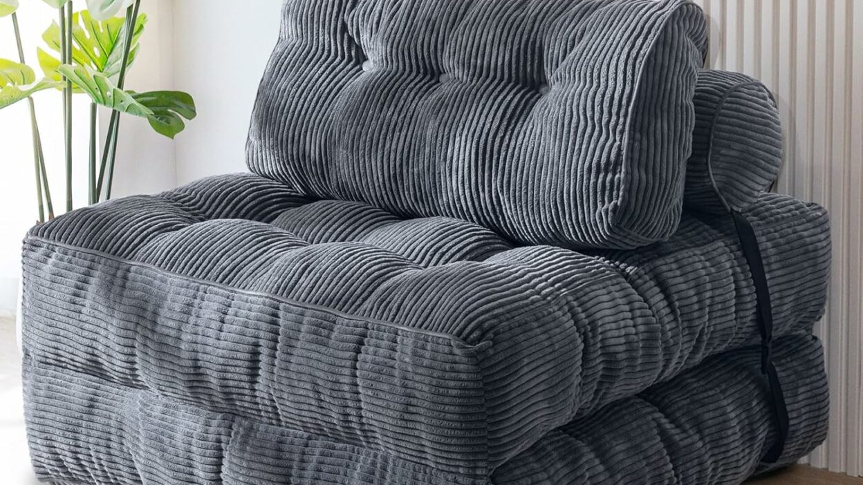 MAXYOYO Folding Sofa Bed, Convertible Sleeper Chair with Pillow Foldable Mattress with Back Support, Portable Fold Out Chair Bed Comfy Floor Sofa Lounge for Living Room Bedroom, Dark Grey, Single