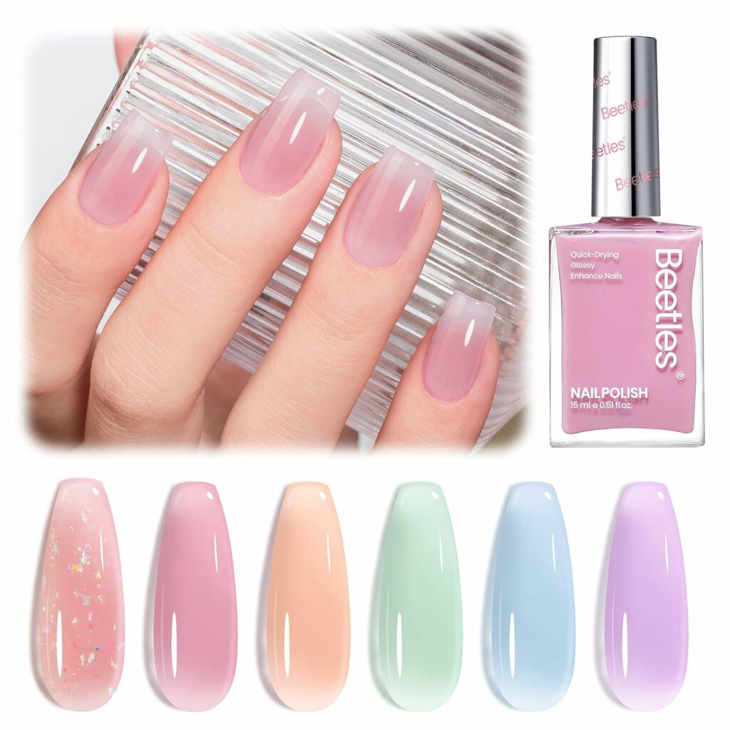 Beetles Jelly Nail Polish Set, 6 Colors Clear Pastel Nail Polish Glitter Pink Dusty Rose Orange Green Blue Purple Long Lasting & Quick Dry Nail Strengthener Polish Summer Gifts for Women
