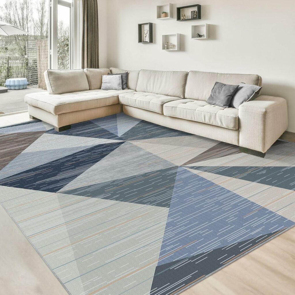 HOMFINE Washable Modern Area Rug - Geometry Style 10x14 Rugs for Living Room, Bedroom, Machine Washable Rug Soft Non Slip Non Shedding Area Rug - Blue, 10'x14'