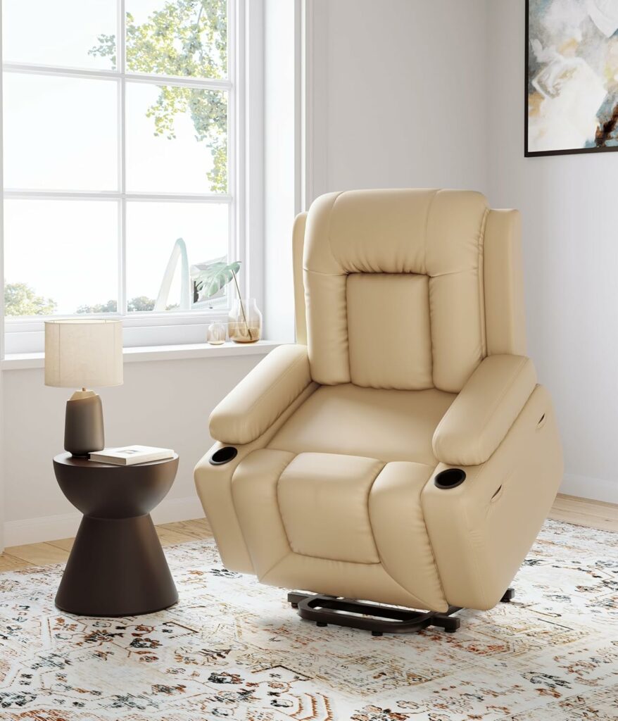 GarveeHome Faux Leather Power Lift Recliner Chair for Elderly, Lift Assist Recliner for Seniors with Heat and Massage Function, Reclining Sofa w/Pockets and Cup Holders CF8008 (Beige, Medium)