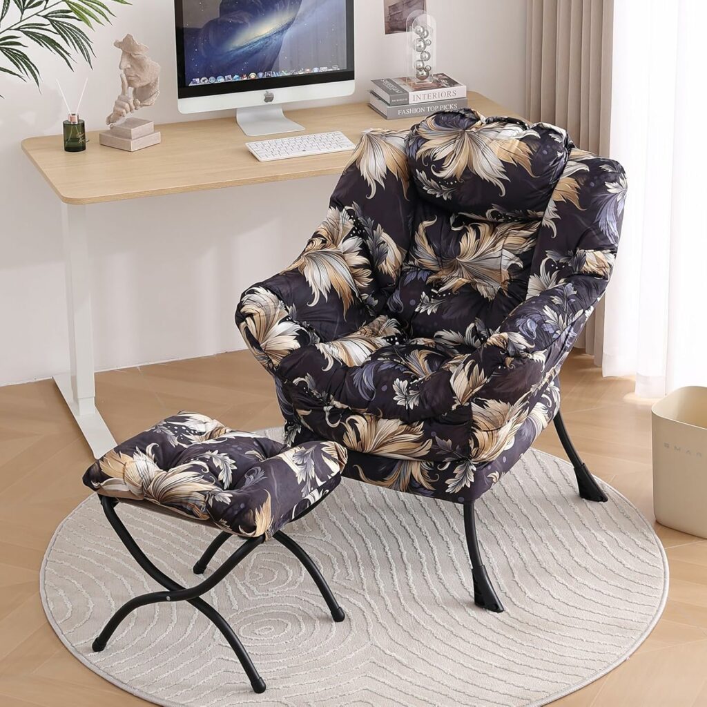 Tiita Lazy Chair with Ottoman, Modern Large Accent Lounge Chair, Leisure Sofa Armchair with Ottoman, Reading Chair with Footrest for Bedroom, Living Room, Dorm Rooms, Garden and Courtyard