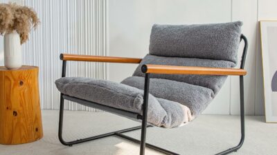 MAXYOYO Sherpa Accent Chair, Boucle Arm Chair Living Room Chair, Reading Accent Chair, Mid Century Modern Bedroom Chair,Teddy Armchair Wooden Arms Metal Frame