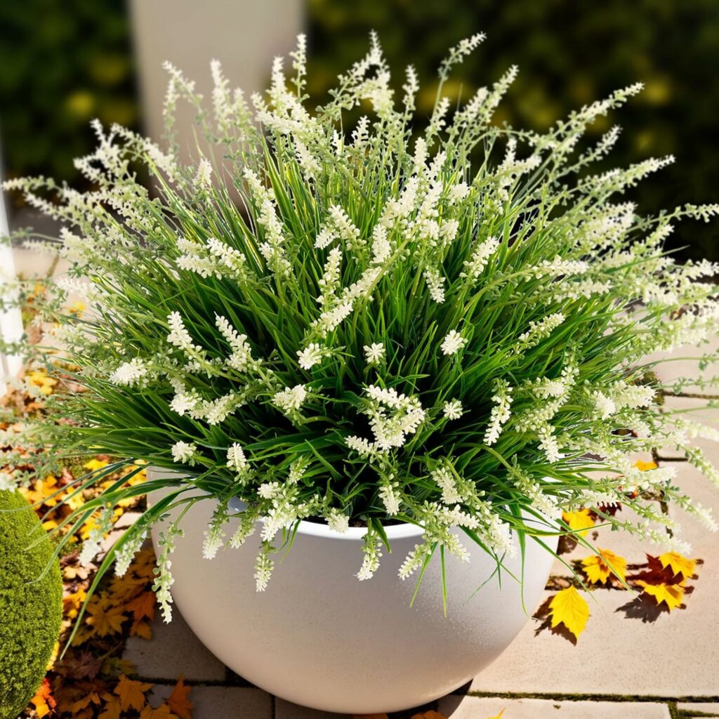 Artificial Faux Plants Outdoor Spirng Decorations, Summer Fake Monkey Grass for Outside Porch, No Fade Outdoor Realistic Greenery Plants, UV Resistant Artificial Shrubs for Courtyard Window Garden
