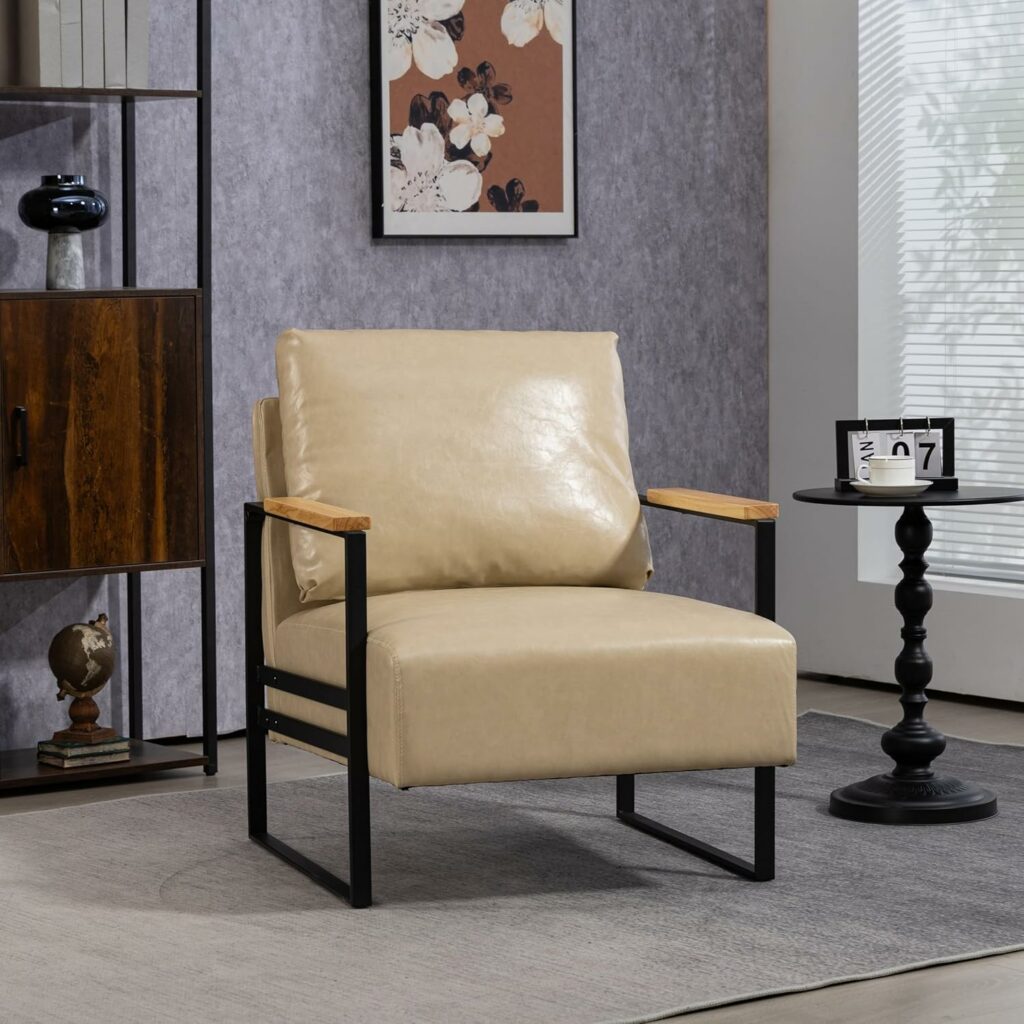 Leather Accent Chair Guest Chair for Living Room, Mid Century Armchair for Bedroom (Beige (Oil Waxed Leather))