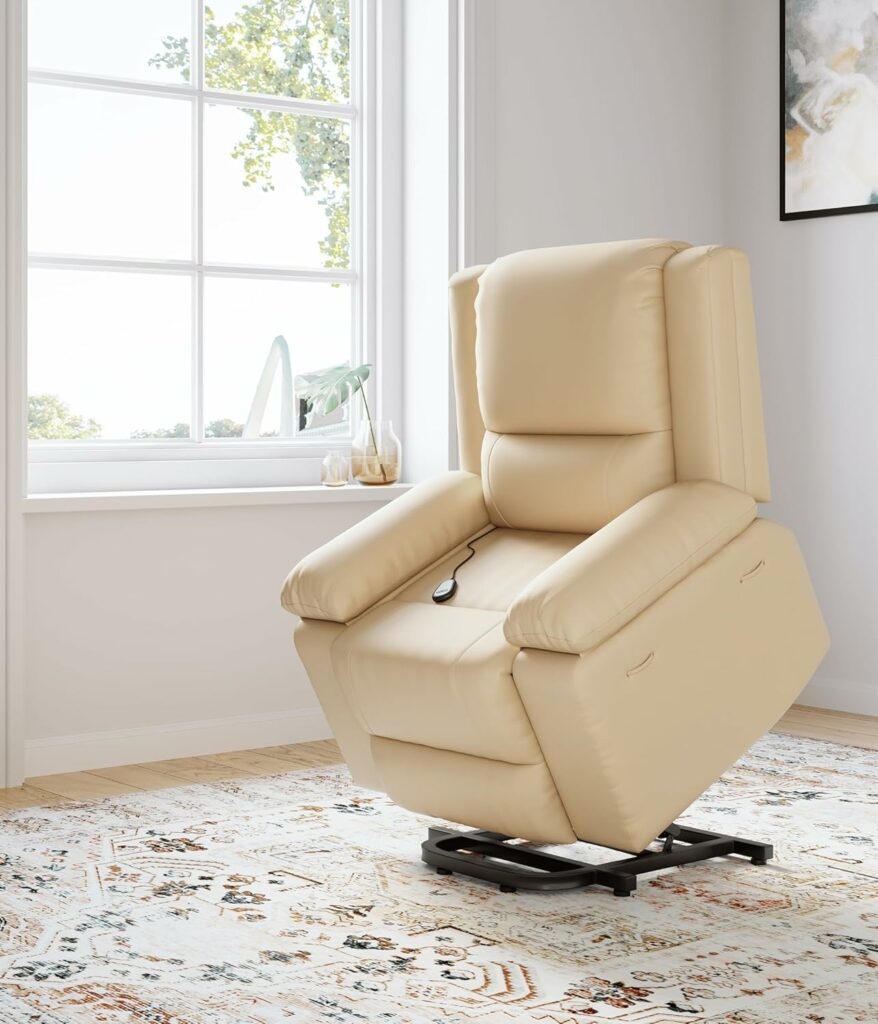 GarveeHome Faux Leather Power Lift Recliner w/Massage and Heat for Elderly, Recliner Chairs with Pockets for Living Room CF8013 (Beige, Medium)