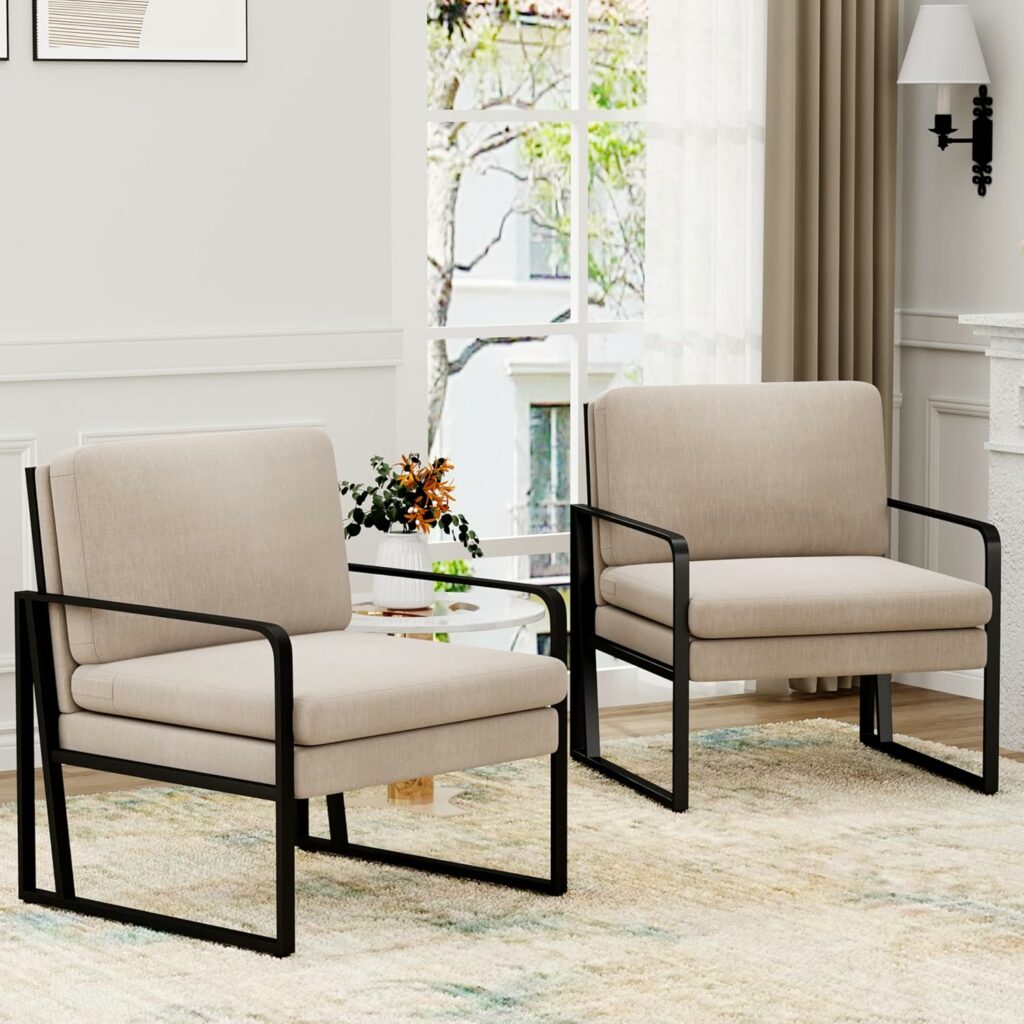 ALISH Modern Accent Chairs, Upholstered Living Room Chairs Linen Arm Chair Accent Chairs for Living Room with Metal Frame Light Gray,Set of 2