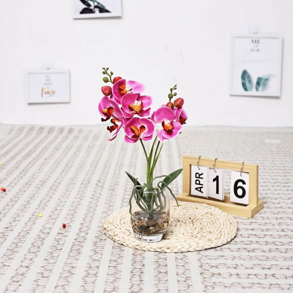 Jusdreen 1 Pcs Glass Vase Artificial Orchid Flower Bonsai Vivid Phalaenopsis Flowers Potting for Home Office Décor, Table Centerpiece Room Decorations 14.5"(Glass Vase/Purple Orchid)