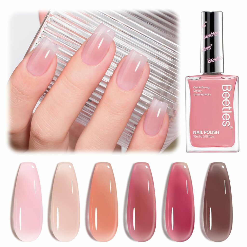 Beetles Jelly Nail Polish Set, 6 Colors Clear Pastel Nail Polish Glitter Pink Dusty Rose Orange Green Blue Purple Long Lasting & Quick Dry Nail Strengthener Polish Summer Gifts for Women