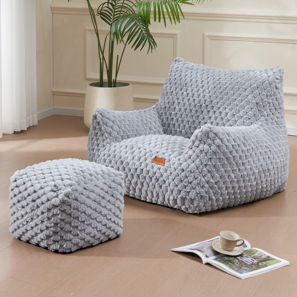 Gaming Chair Comfy Bean Bag Couch Sofa Chair for Bedroom, Modern Faux Fur Reading Bean Bag Chairs for Adults Teens, Living Room Adult Bean Bag Chair with Footrest