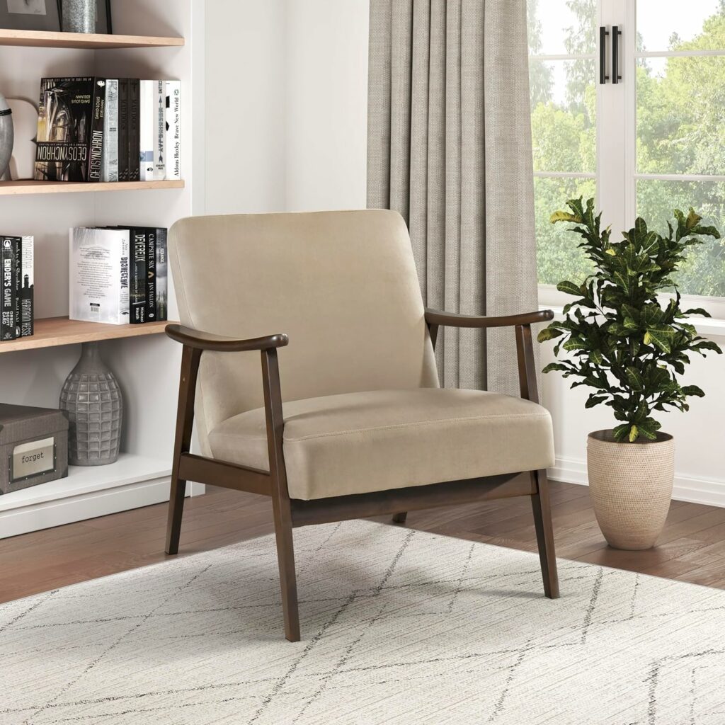 Lexicon Mid Century Modern Chairs Velvet Accent Chair for Living Room Chair w/Solid Wood Armrests and Legs, Cushioned Seat and Backrest, Reading Chair and Lounge Chair for Bedrooms/Studios, Brown