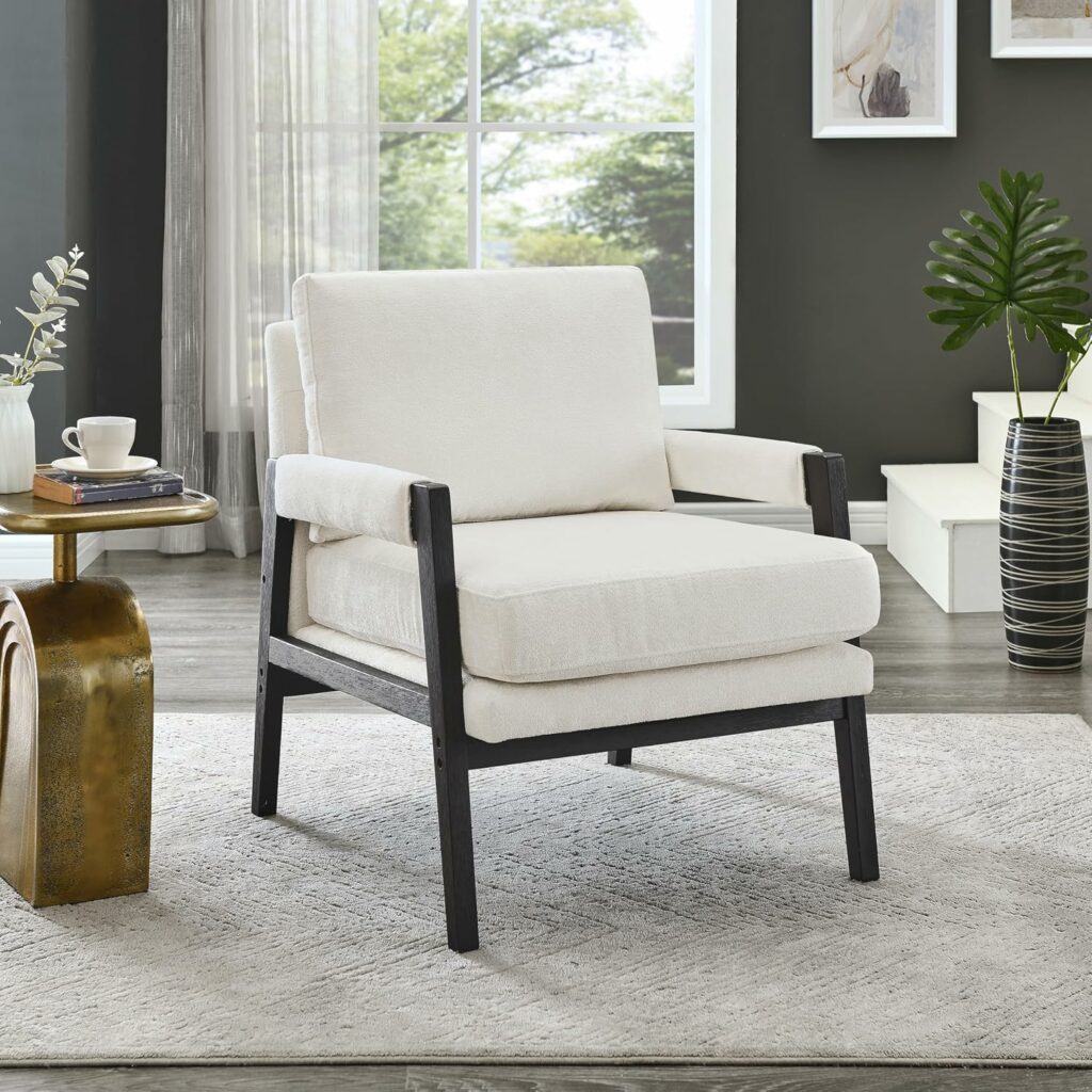 Roundhill Furniture Kelly Mid-Century Modern Chenille Upholstered Chenille Chair Armchair, White