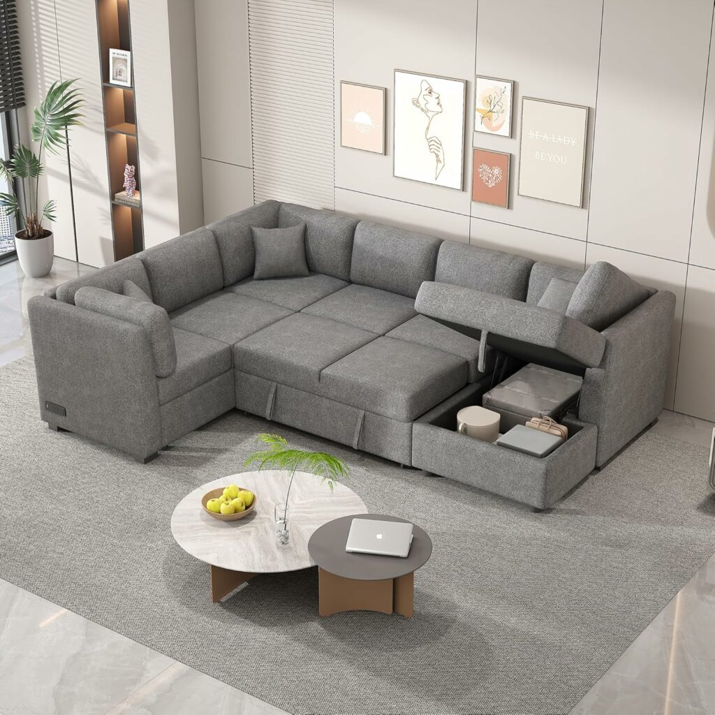 Multifunctional Pull-Out Couch Bed with Storage Ottoman