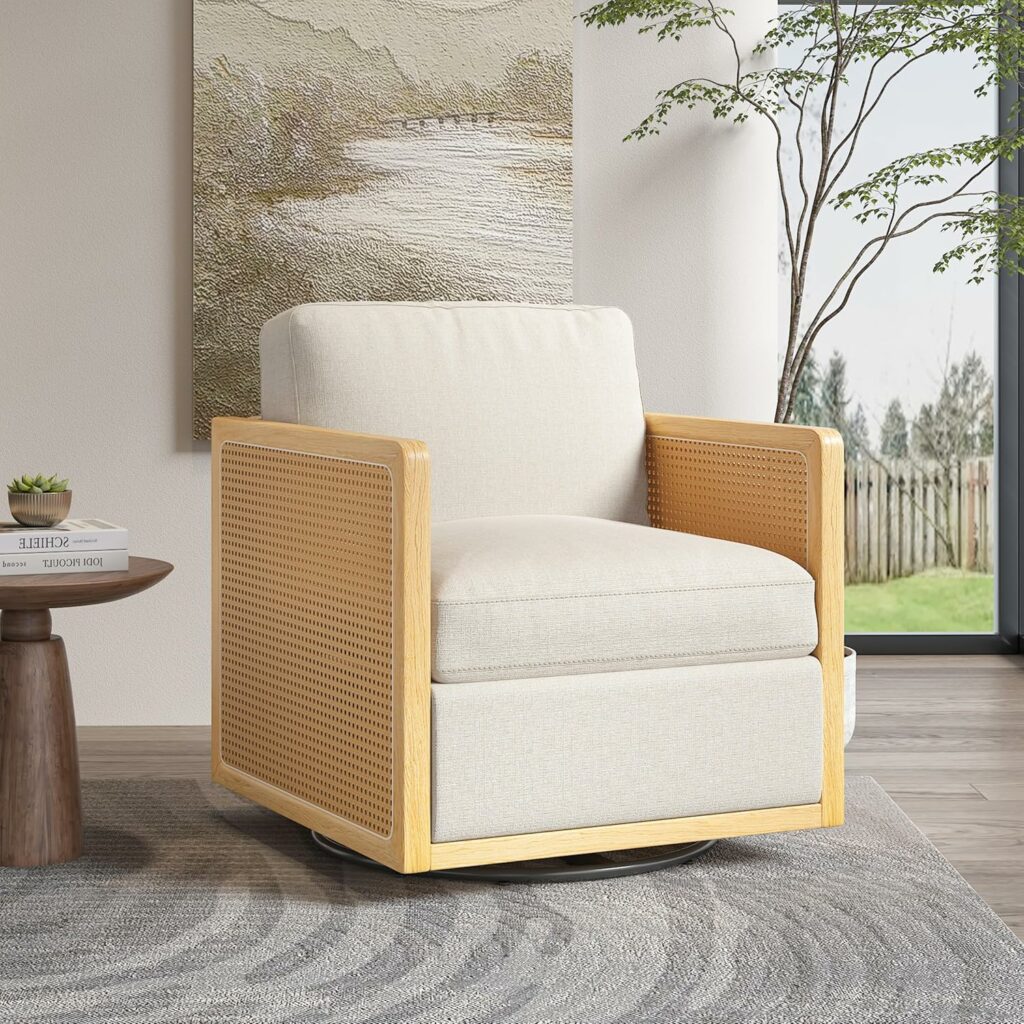 Swivel Barrel Chair, Premium Rattan Comfy Round Accent Chair for Living Room, Mid Century Modern Reading Chair for Adults, Bedroom Side Chairs for Small Spaces, Armchair for Home/Office/Cream Linen