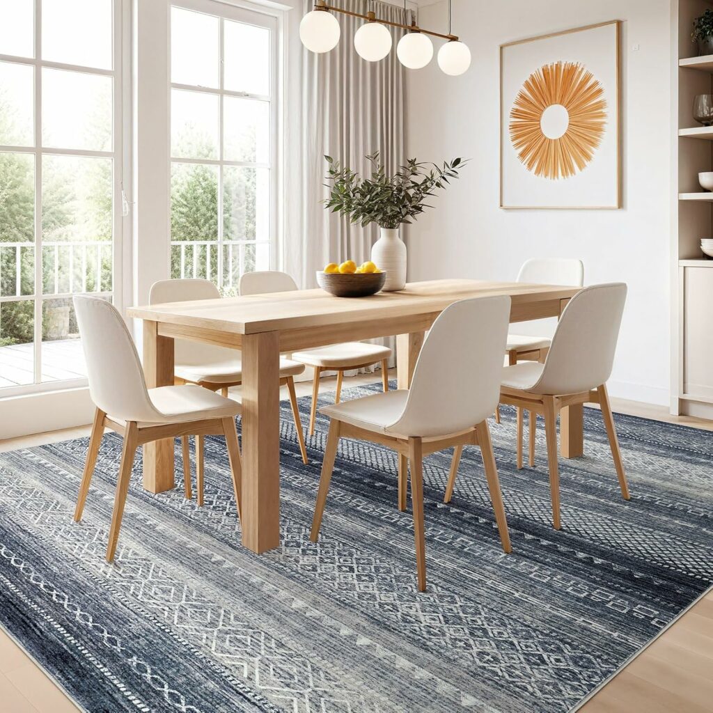 10x12 Area Rug Living Room: Washable Boho Large Neutral Modern Soft Stain Resistant Farmhouse Indoor Floor Rug Non Slip Accent Carpet for Bedroom Nursery Kids Playroom Office Dining Room- Blue