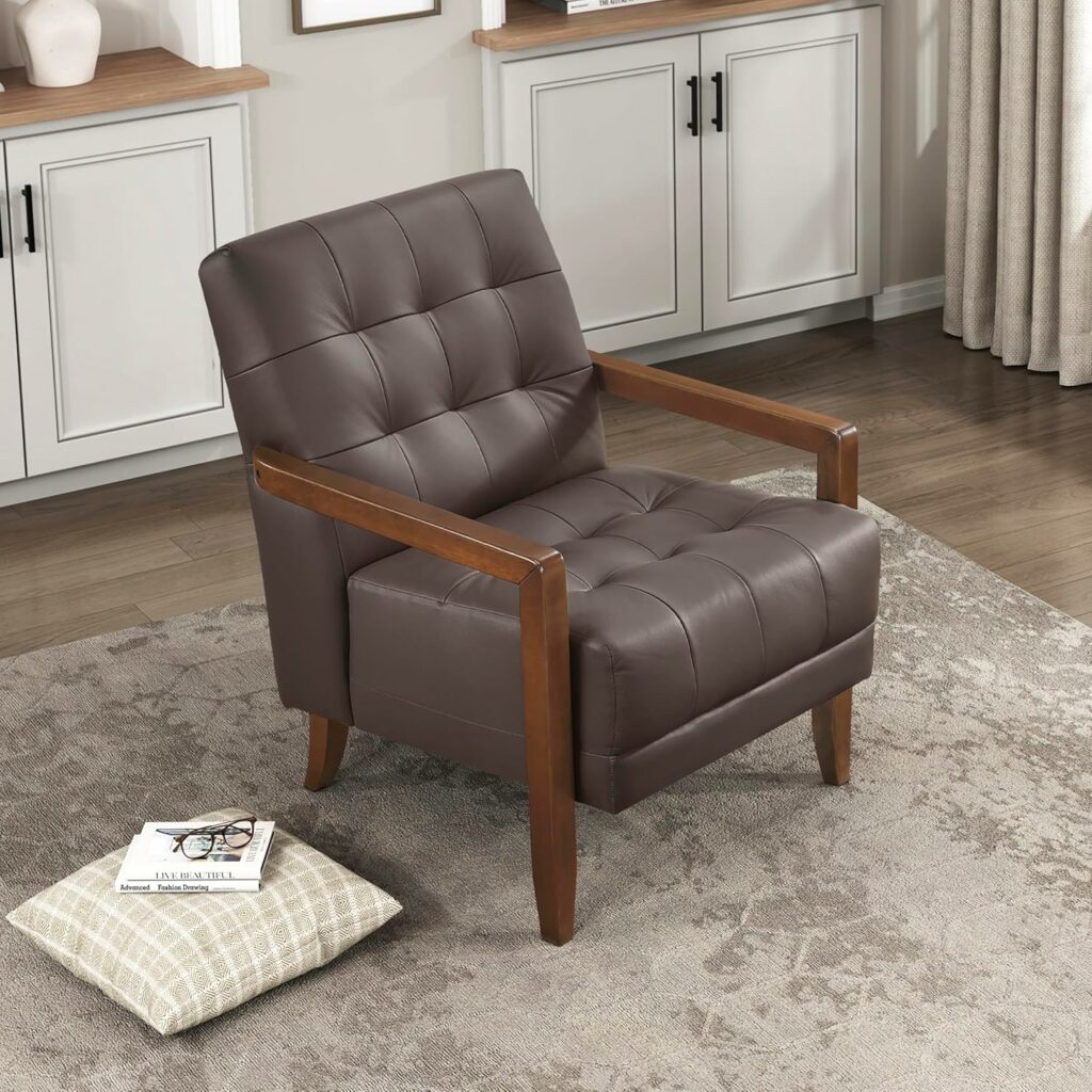 Lexicon Modern Accent Chairs, Luxury Genuine Leather Living Room Chair with Tufted Cushions, Solid Wood Frame and Arm Rest, Comfy Upholstered Single Seat for Bedroom/Reading/Office, Dark Brown