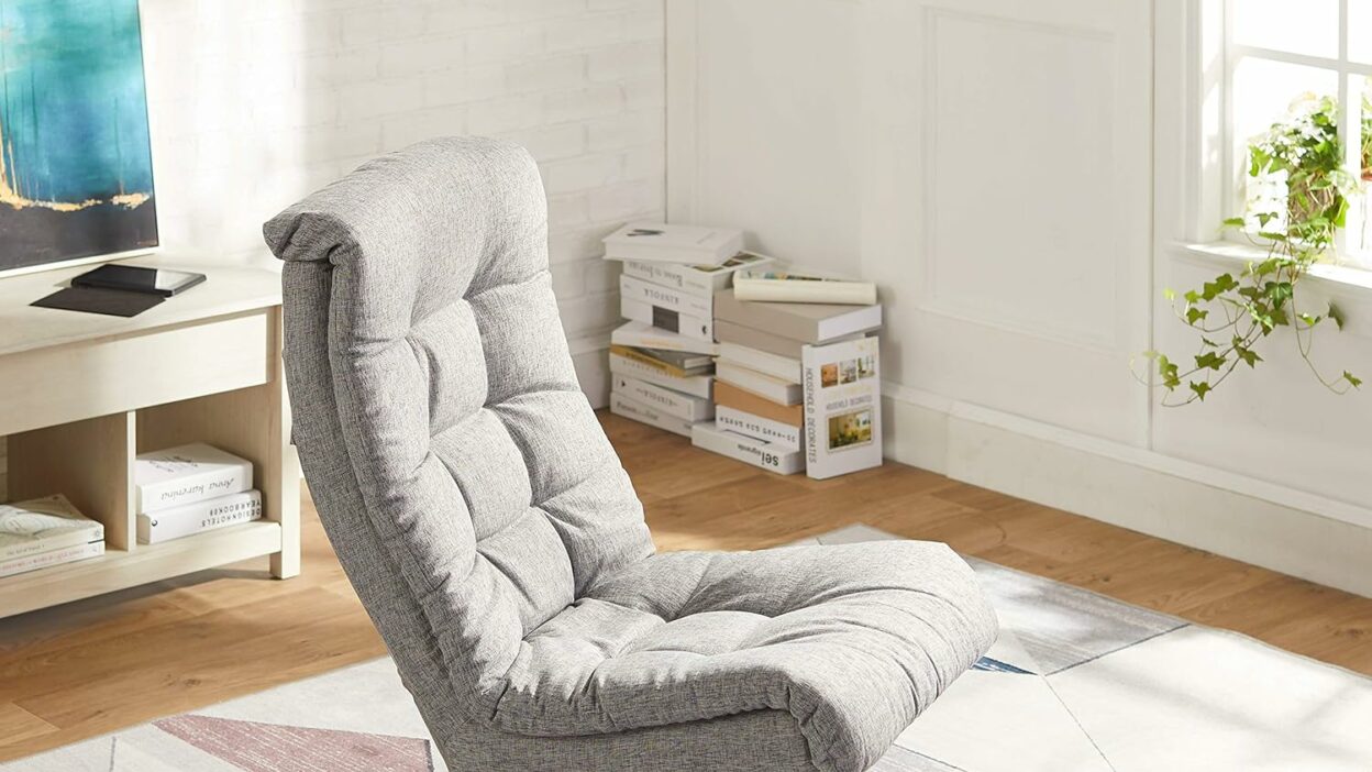 Amazon Basics Swivel Foam Lounge Chair with Headrest, Floor-Compatible, Adjustable, Gaming, 26.3D x 23.5W x 13.7H in, Grey