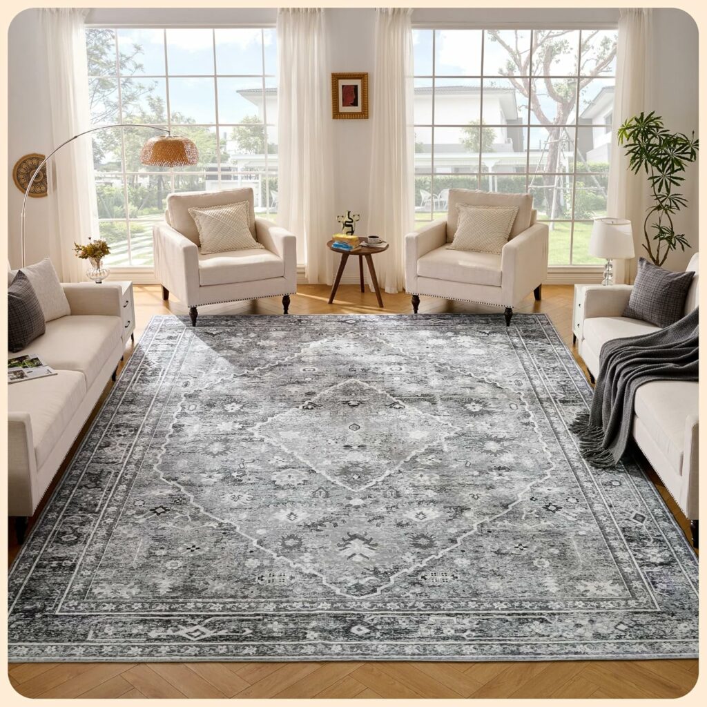 Istana Living Room Rug 10x14 - Grey 10 x 14 Area Rug - Foldable Machine Washable Area Rugs 10x14 - Stylish 10x14 Area Rugs Boho - Stain Resistant Washable Rug 10x14