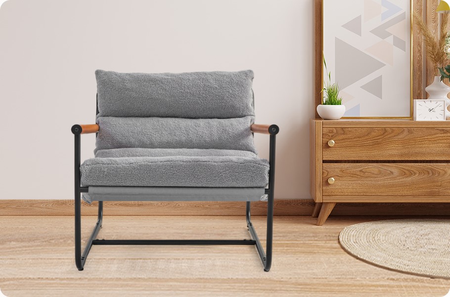 MAXYOYO Sherpa Accent Chair, Boucle Arm Chair Living Room Chair, Reading Accent Chair, Mid Century Modern Bedroom Chair,Teddy Armchair Wooden Arms Metal Frame