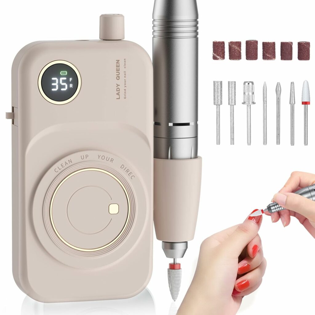 Portable Nail Drill Electric File: 35000RPM Professional Rechargeable Nail E File Machine,for Acrylic Nails Gel Polishing Removing, Cordless Efile with Bits Kit for Manicure Salon Home (Pink)
