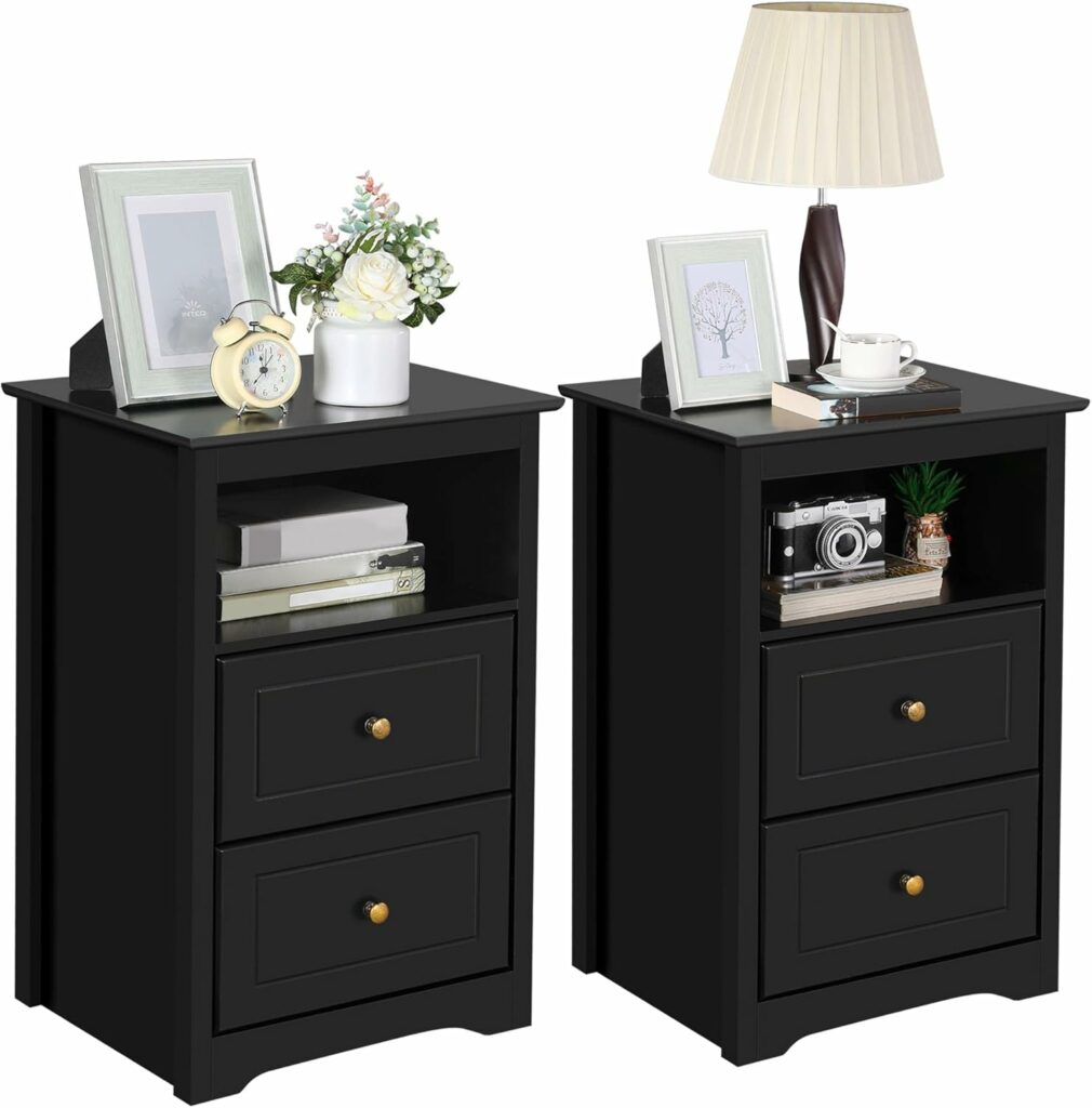 Yaheetech Nightstand Set of 2, Wooden Bedside Tables with 2 Drawer and Cubby, 2Pcs Tall Nightstand for Bedroom Small Space, Bedside Cabinet Telephone Table, 19″ L × 16″ W × 29″ H, Black
