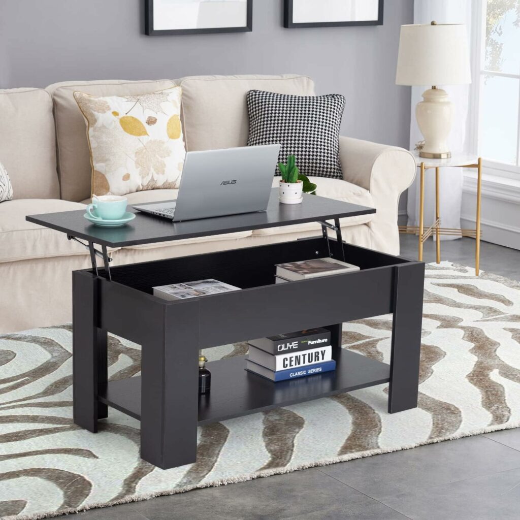 FDW Lift Top Coffee Table with Hidden Compartment and Storage Shelf Wooden Lift Tabletop for Home Living Room Reception Room Office,Black