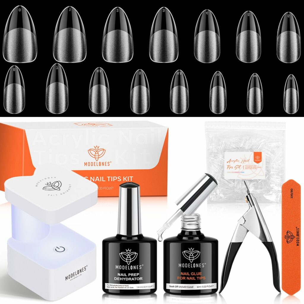modelones Gel Nail Kit Almond, Upgrade 15Sizes Fake Nails, 9-in-One Glue Nail Dehydrator & Mini U V Light Clipper, 510Pcs Medium Almond Press on Nails Tips for Extension DIY Salon Home Gift