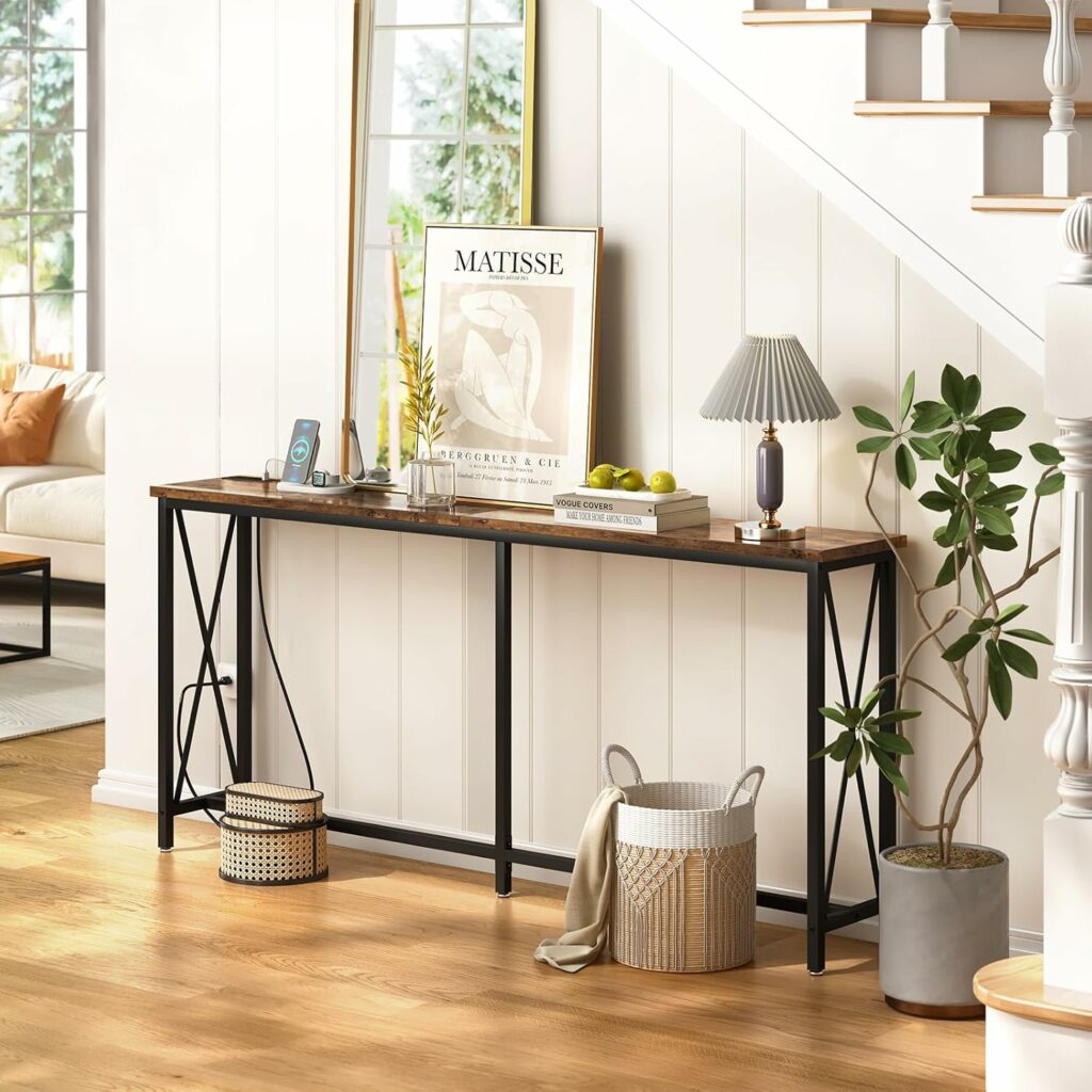 SUPERJARE 70 Inch Console Table with Outlets and USB-C Port, Extra Long Behind Couch Sofa Table with X-Shaped Design, Narrow for Entryway, Living Room, Metal Frame, Wooden Top, Rustic Brown