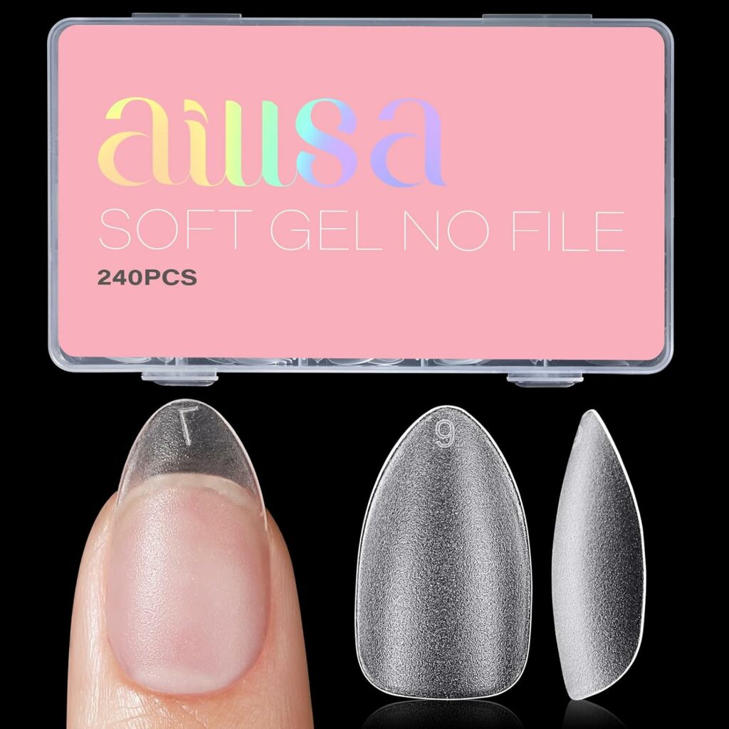 AILLSA Short Almond Nail Tips with Box, 15 Sizes Press On Gel Nail Tips Double Matte Pre-Buffed Almond Shaped Nails Tips Soft Full Cover Clear False Nail Tips for Nail Extension, 240PCS